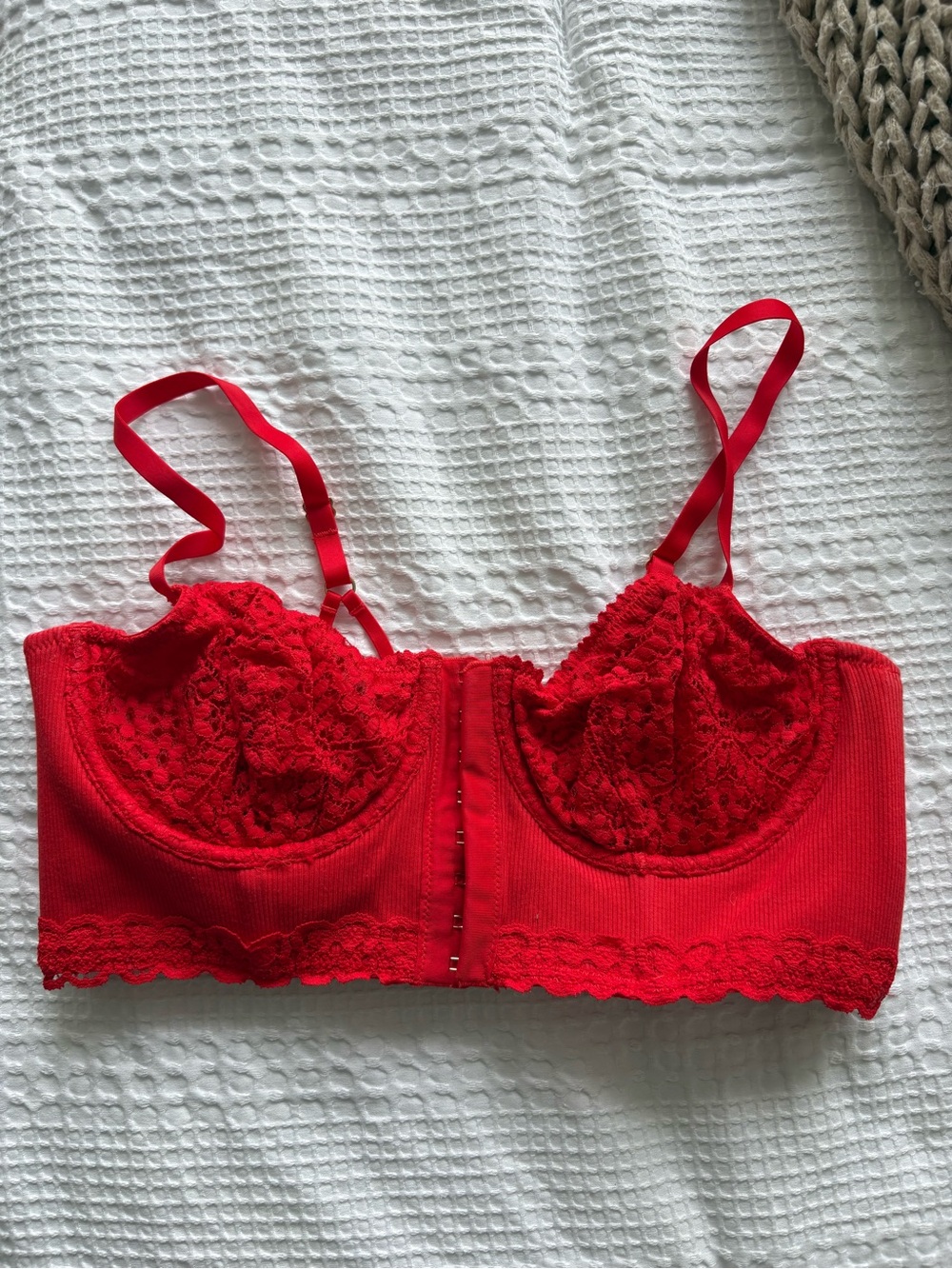 aerie Red Lace Longline Bra with Front Hook Closure